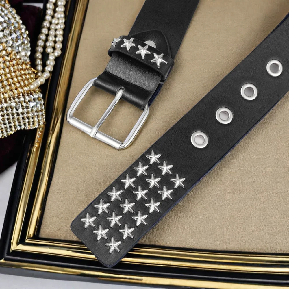 Three Rows of Pentastar Stars Hollowed out Unisex Punk Y2K Style Belt  with Casual Fashionable Pin Buckle Riveted PU Material