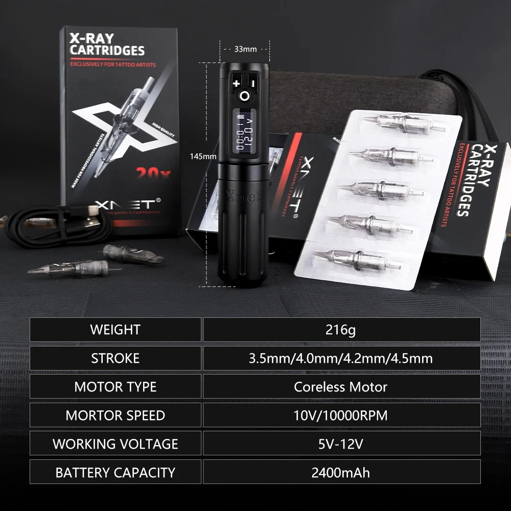 XNET Plus Wireless Tattoo Machine Pen Complete Full Kit Set with Extra 2.5/3.5/4.5mm Multi Stroke 40Pcs Mixed Tattoo Cartridge