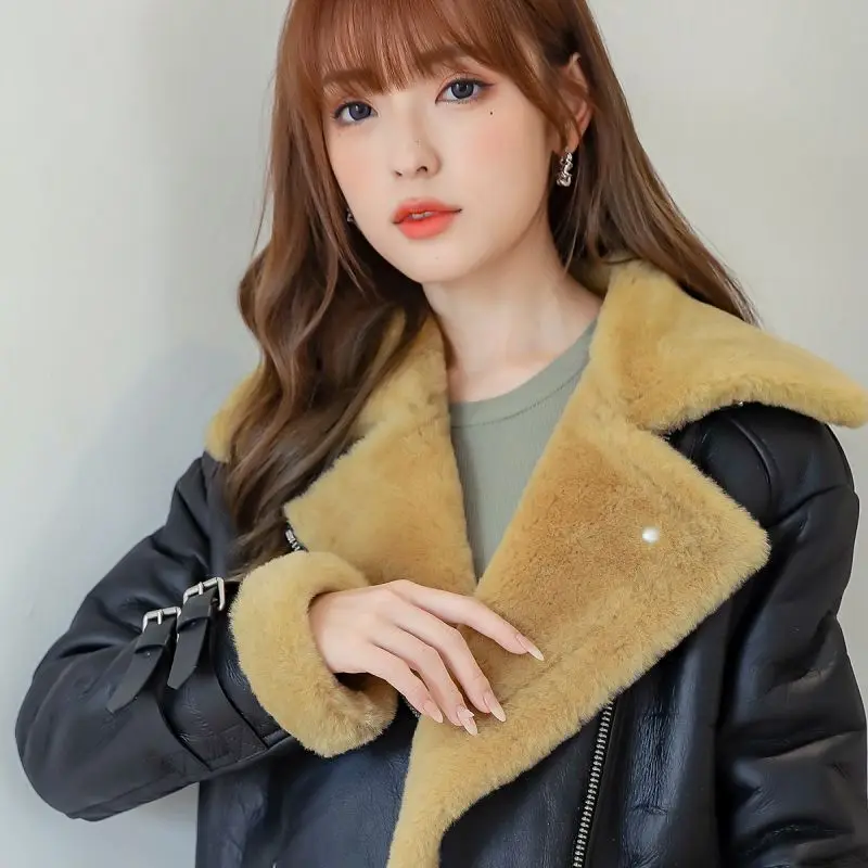 Camel Color Sheepskin Shearling Coat ,Lamb Skin real woman leather coat  italian leather genuine fur coats with cuffs
