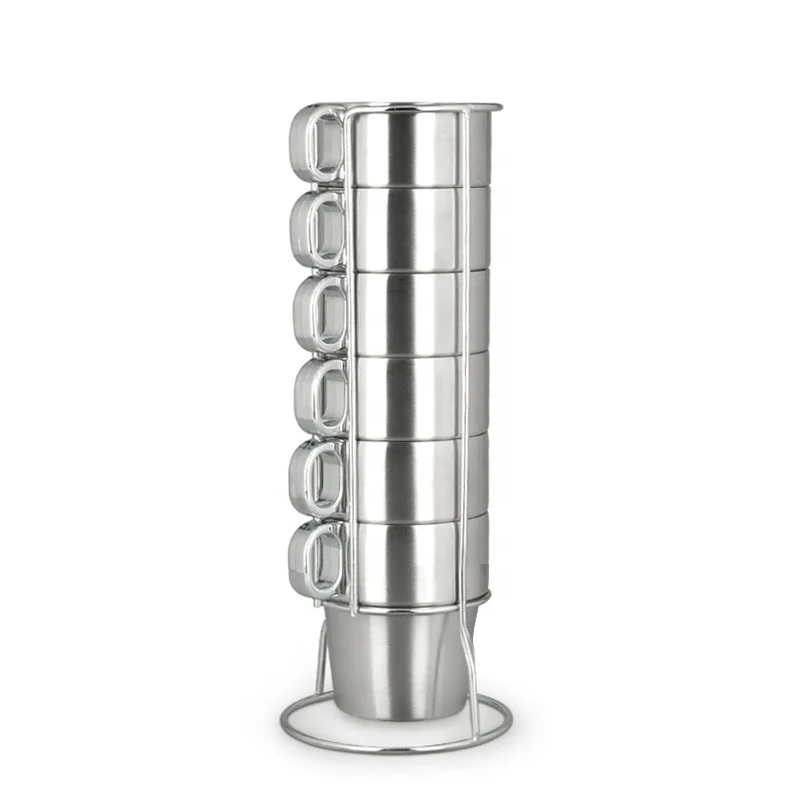 Stackable Custom Logo Double Wall Espresso Cup Set Stainless Steel Coffee Cup with Rack