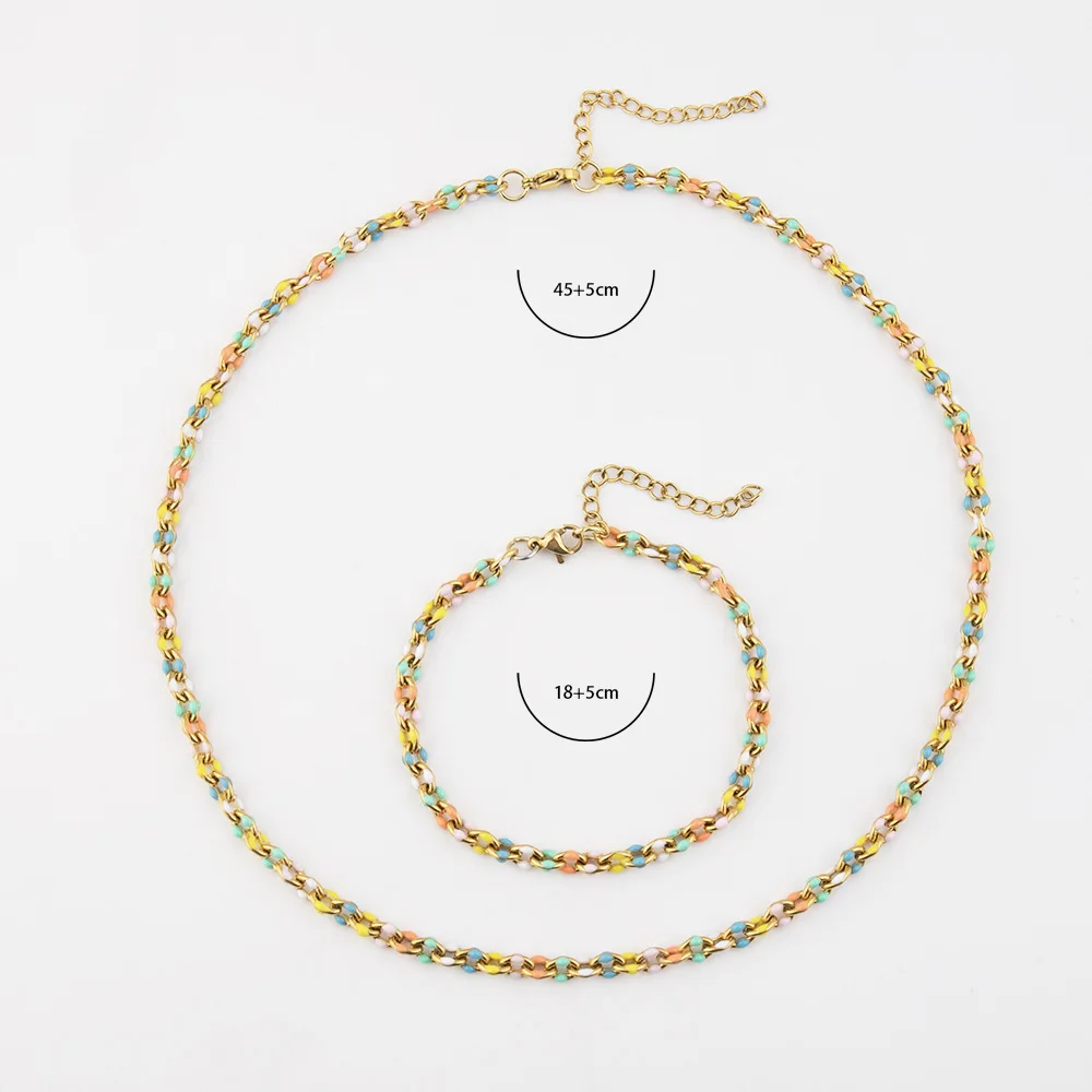 Bohemia Retro Stainless Steel Enamel Beaded Jewelry Sets Handmade Colorful Beads Chain Necklace and Bracelet