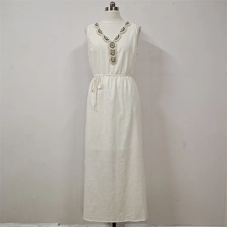 Beautiful Ladies Elegant V Neck Handmade Dress Summer White Cotton Linen Maxi Dress Women High Quality