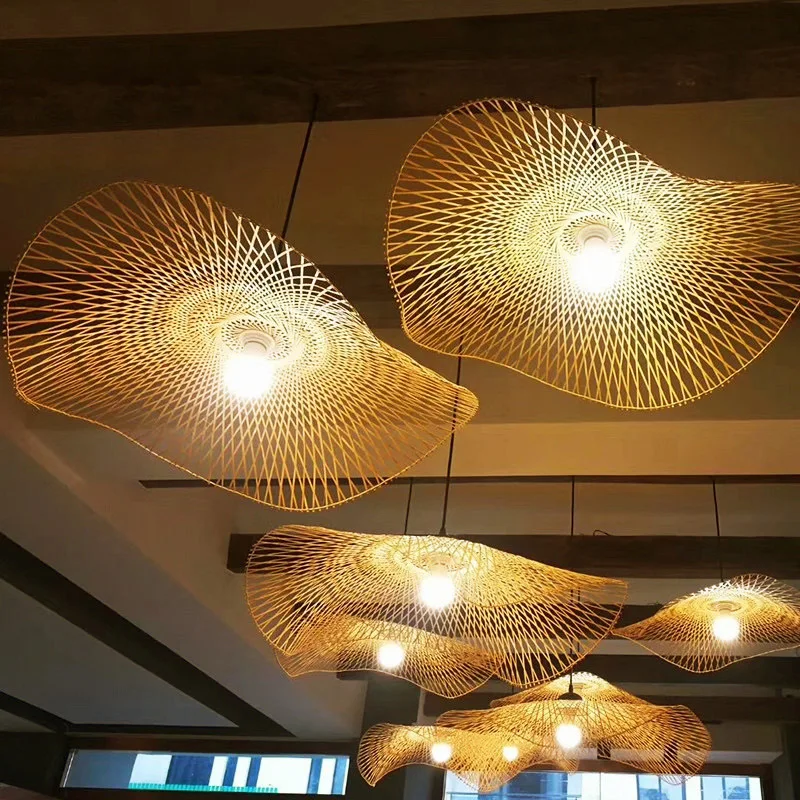 Modern Bamboo Weaving Design Lamp Asia Restaurant Hotel Hanging Lights Rattan Art Chandelier LED Bamboo Pendant Light