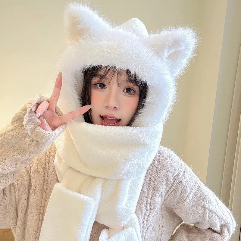 Fuzzy Animal Ear Hat Scarf Set IN Multiple Colors Winter Hoodie Hat Scarf Gloves Set