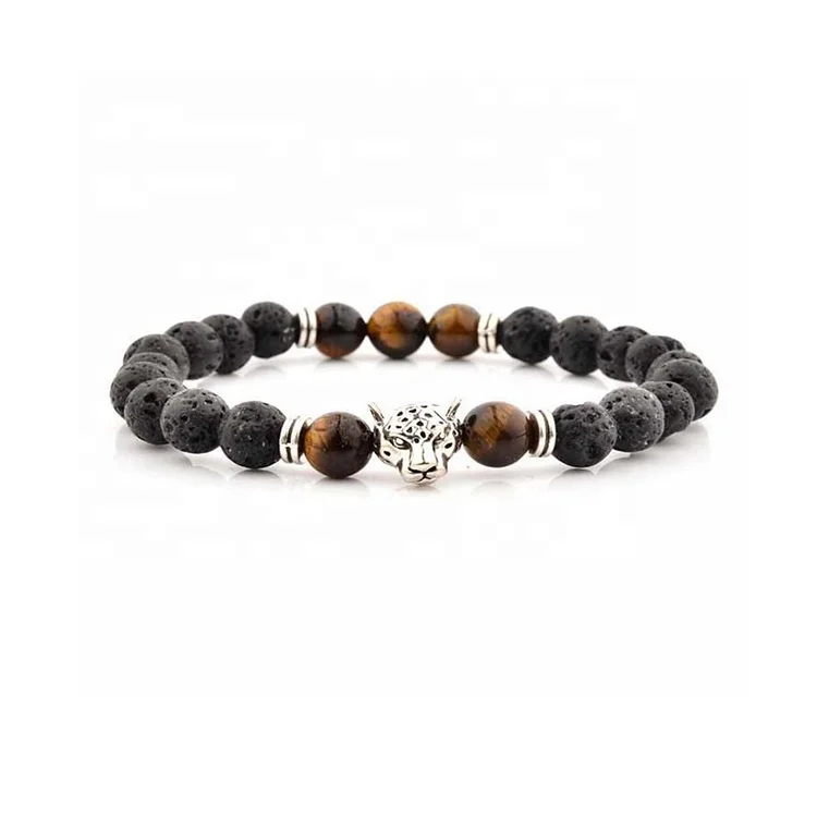 2020 Trendy Black Fashion Panther Head Black Agate Nature Onyx Beads Bracelet for Men