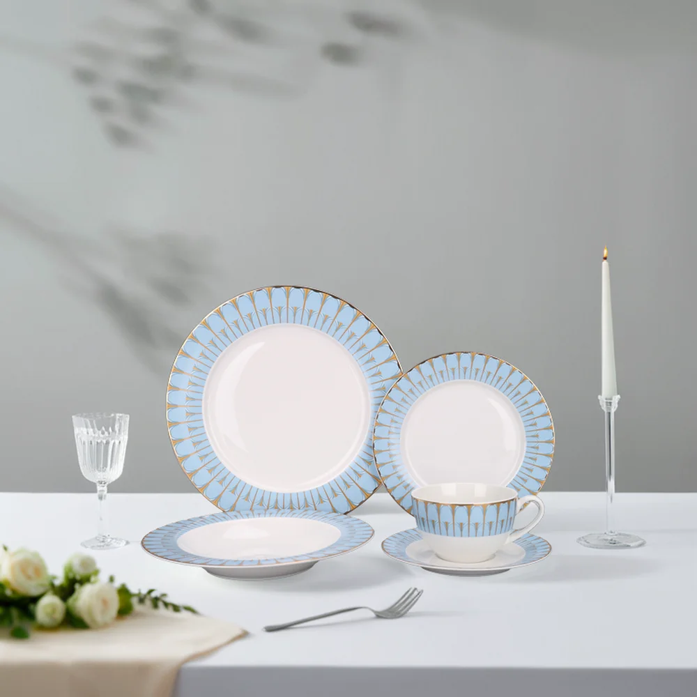 Embossed Golden Decal Fine Bone China Dinnerware Luxury Style Porcelain Plates Dinner Set