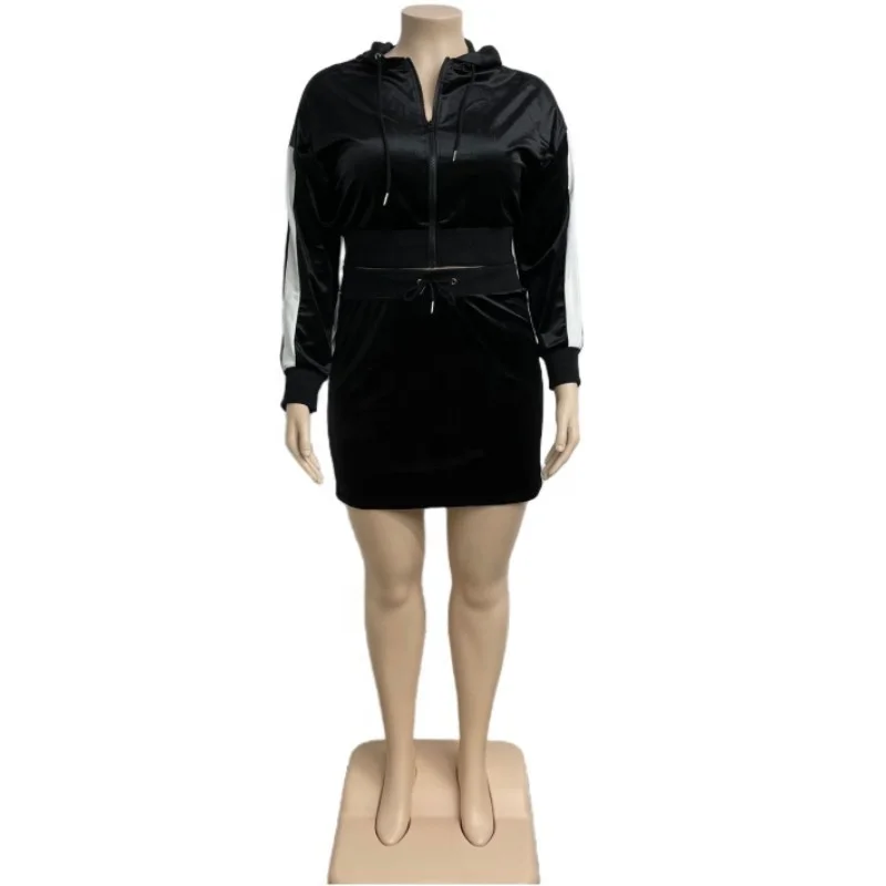 J&H fall 2023 5xl plus size zipper hoodie sets tech fleece velour skirts 2 piece set women clothing fashion sexy slim fit