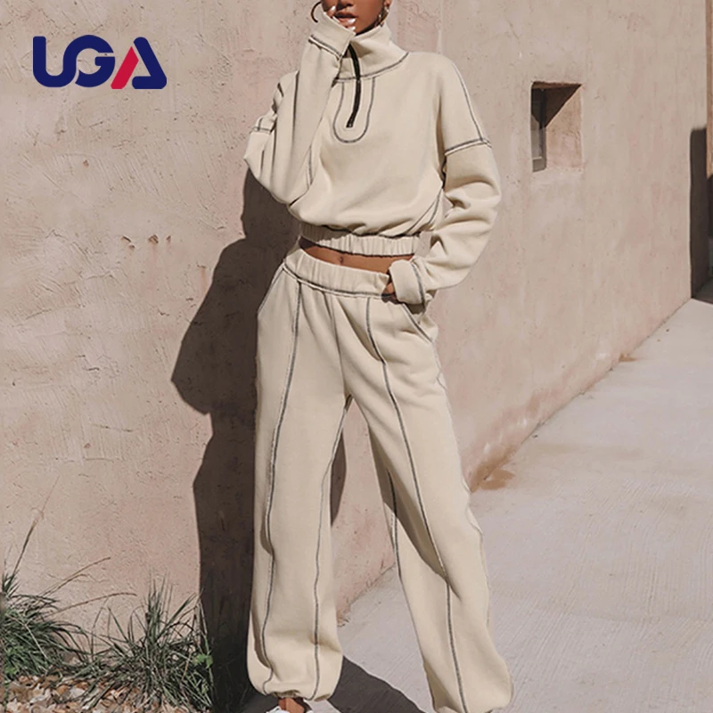 New Style Quality Cotton Jogger Set Oem Sweat Suit Women Fashion Casual Joggers Half Zip Hoodie Streetwear Tracksuit