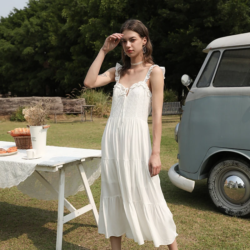 Ruffled Detail White Midi Dress Summer Vacation Style Casual Tiered Dress Custom