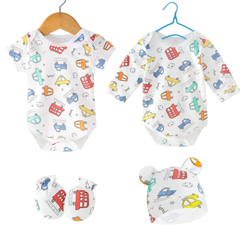 Wholesale Newborn   0-6M  Short/Long Sleeved Rompers+Infant Gloves+Toddler Caps Solid Colored Clothes  4pcs Sets for Baby