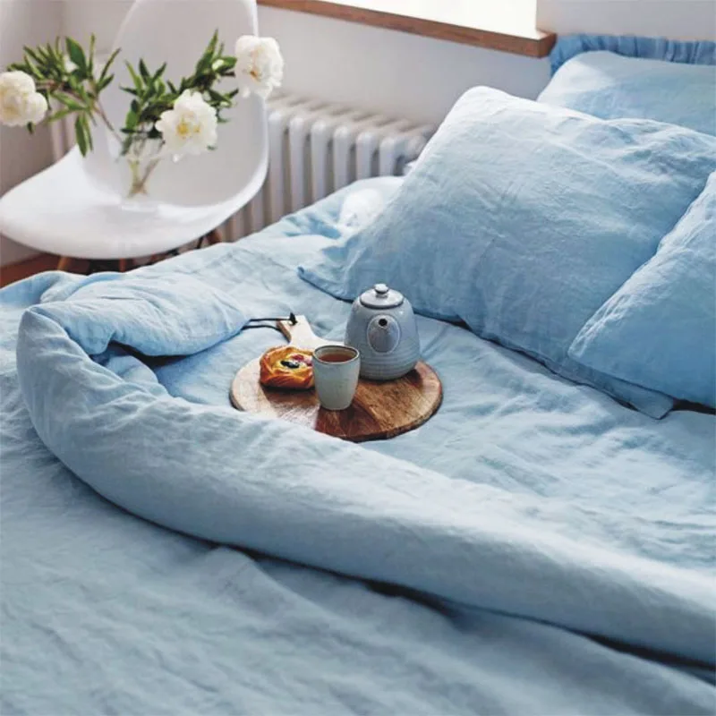 luxury low moq new product 100% pure belgium french flax linen hemp blue ruffle bedding sets four-piece set