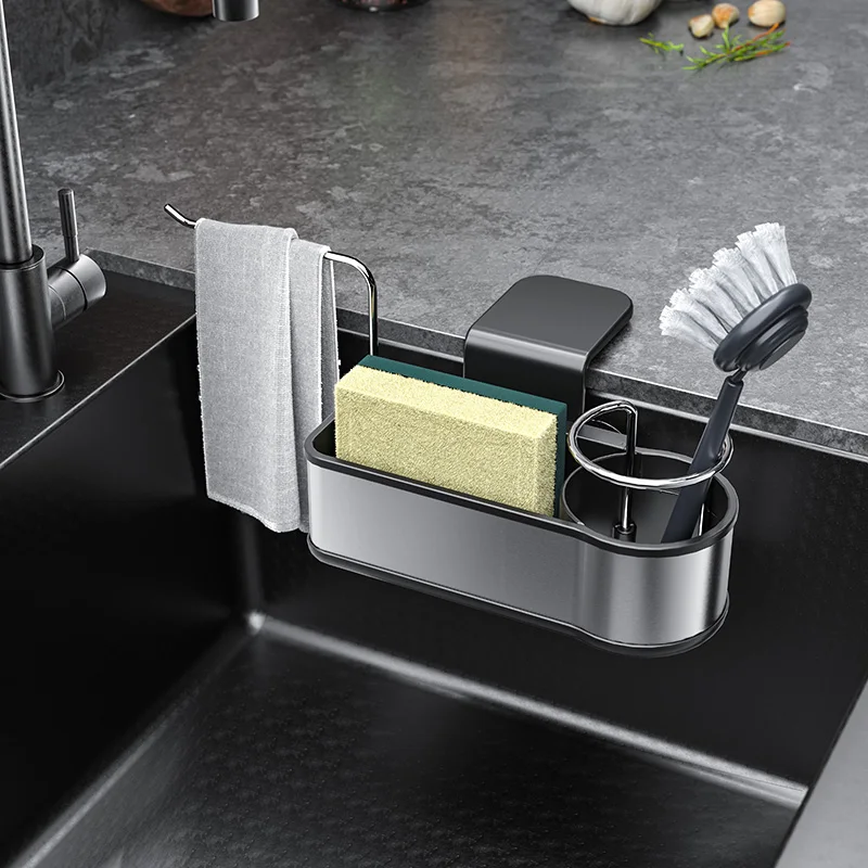 WIREKING Stainless Steel Sink Caddy Sponge Holder 3-In-1 Suction Cup Hanging Sponge Cloth Brush Holder Sink Caddy Organizer Rack