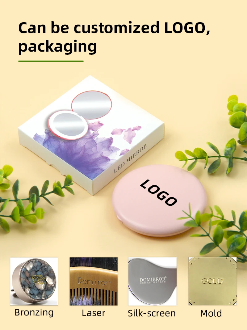 Custom 1X/2X Magnification Cute LED Light Pocket Purse Hand Held Portable Folding Small Mini Makeup Mirror