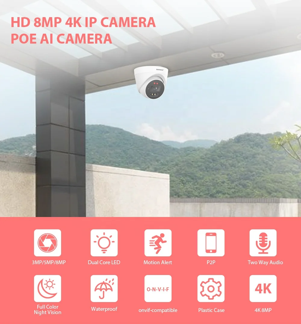 4K 8MP POE IP Camera Ultra HD H.265 5MP 3MP XMeye APP AI Motion Detection Indoor Dome Surveillance Security IP Camera