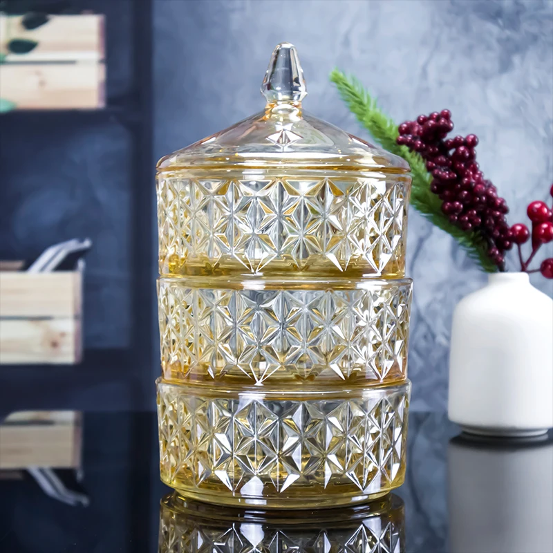 3 Tiers Factory Wholesale Customize Etched Vintage Crystal Glass Jar Candy with Lid