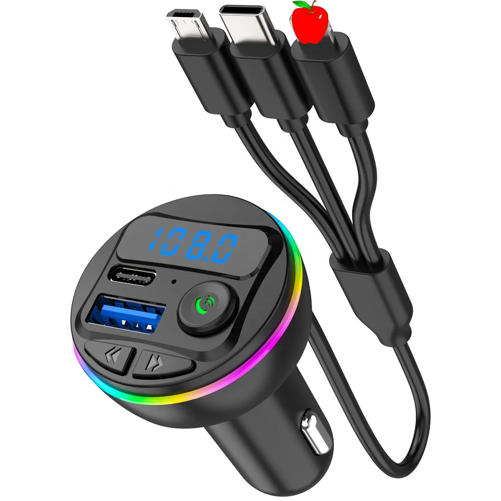 Bluetooth Car MP3 Player FM Transmitter MP3 Modulator Player Handsfree Audio Receiver USB C Charger With 3 in 1 Charge Cable
