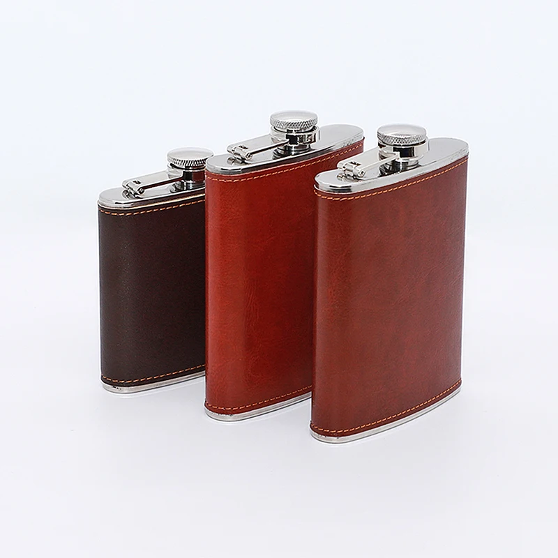 Wholesale custom logo portable male whisky wine pot bottle  2 4 6 8oz stainless steel leather hip flask