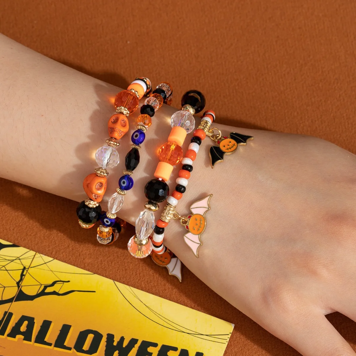 Halloween bracelet Bat spider pumpkin lifting polymer clay elastic thread handmade Party string