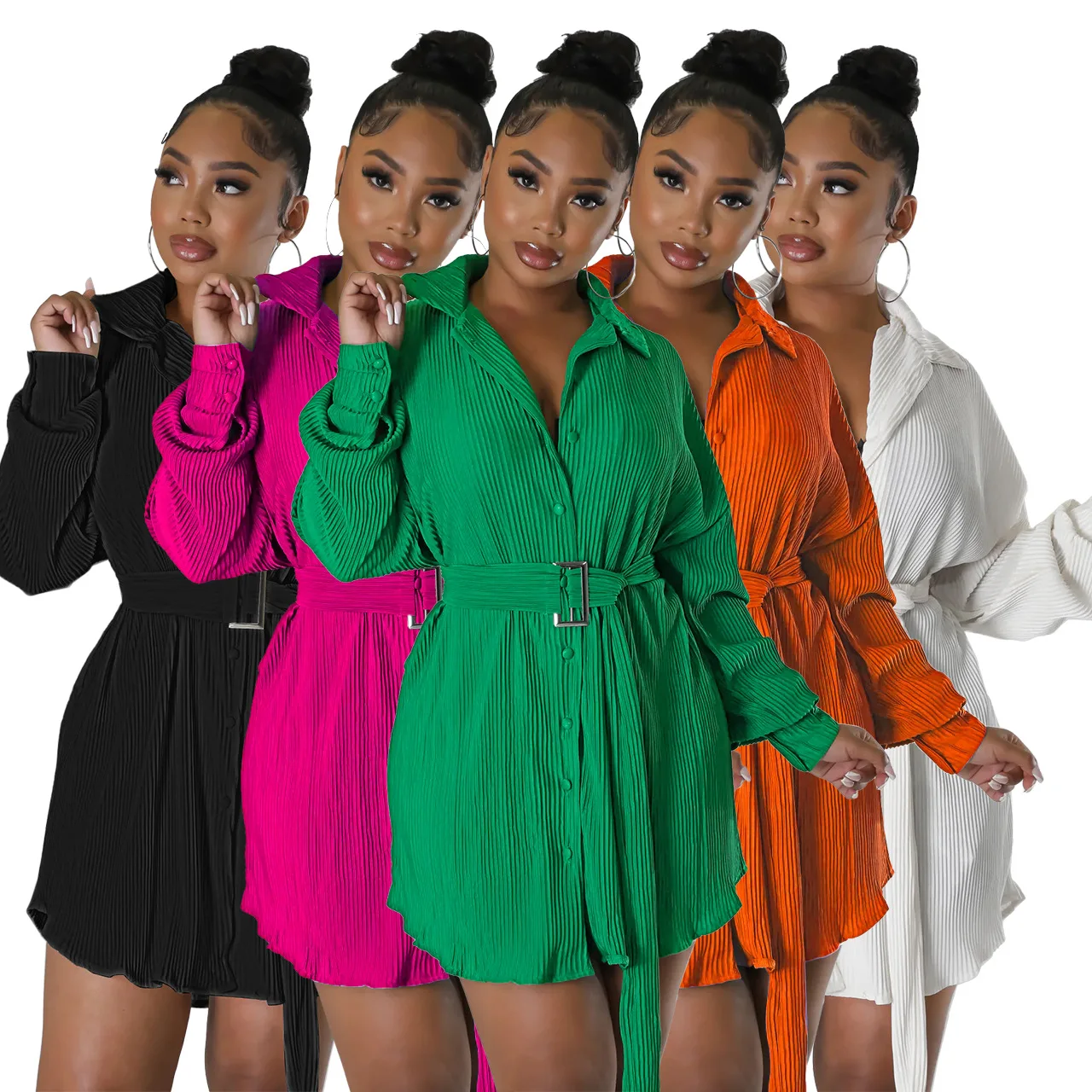 Fall dresses for women long sleeve pleats shirt dress women ruched casual mini dresses with belt