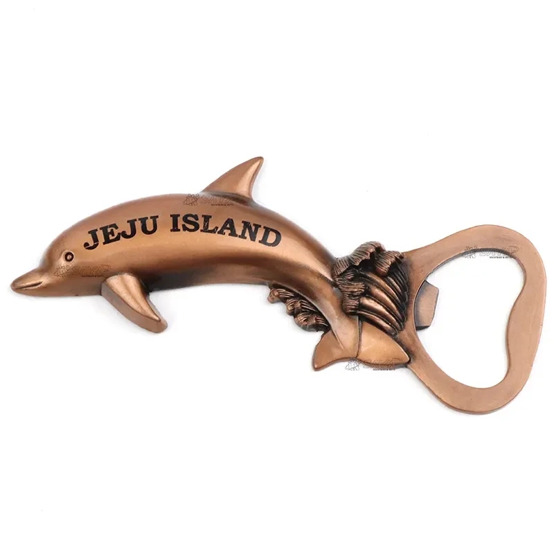 Custom Designed Printed Logo Dolphin Shaped JEJU Island Beach Metal Souvenir Bottle Opener Magnet
