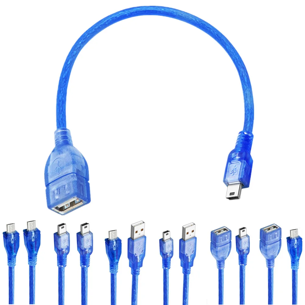 High-quality transparent blue copper core double-shielded USB2.0 OTG V8V3micro mini 5P docking extension cable.