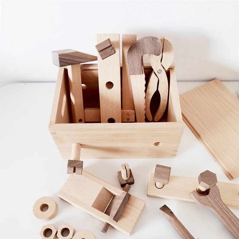 High quality log unpainted boy play house toy over 3 years old hands-on ability craftsman repair box nut wooden tool box toys