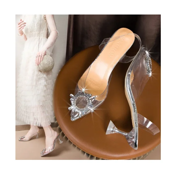 Womens Heels New Pointed Straight Sunflower High Heels Transparent Crystal Shoes Thick Heels Wine Glasses Sandals For Women