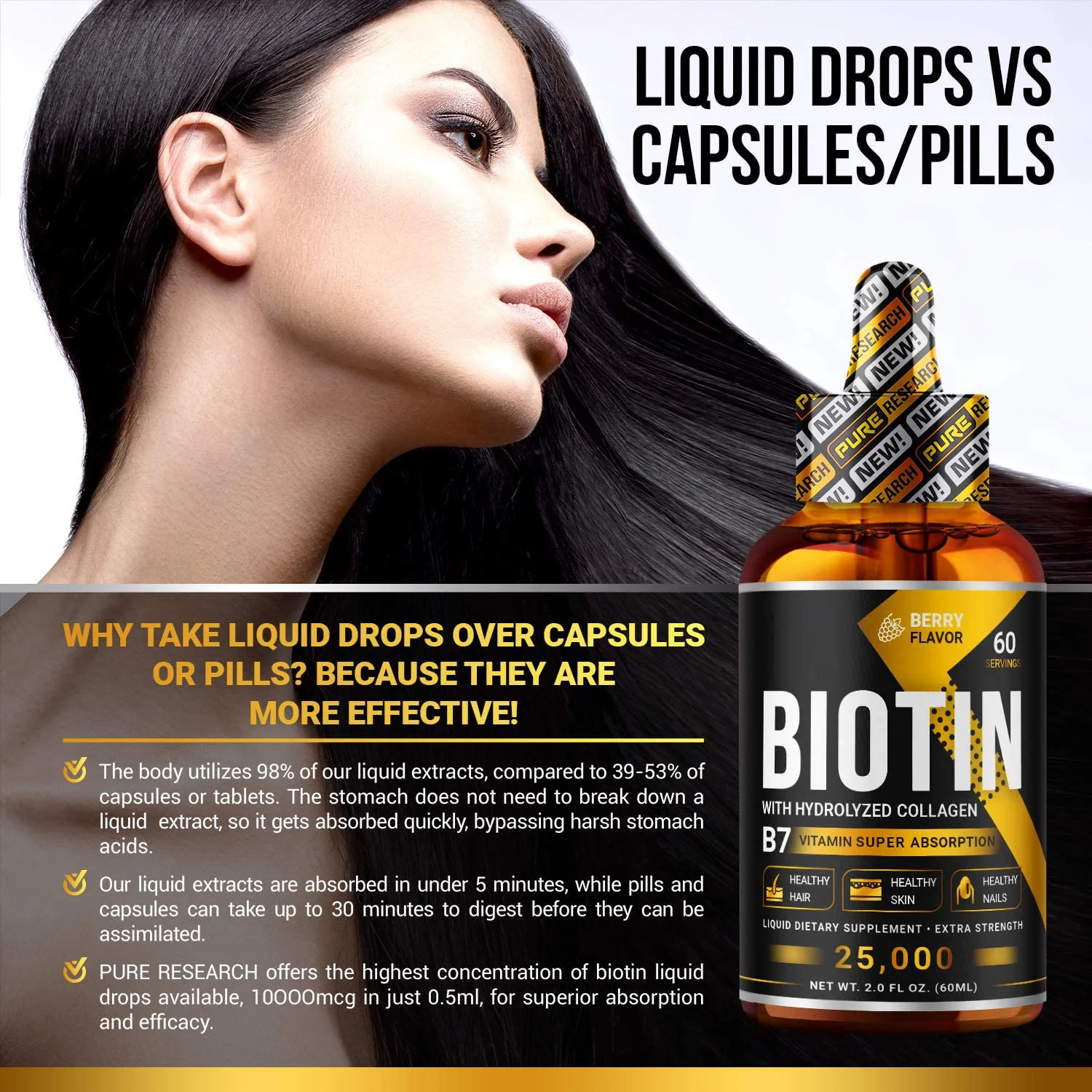 Private Label 10000 mcg Vitamins Collagen Biotin Oil For Hair Growth Oil Liquid Drops