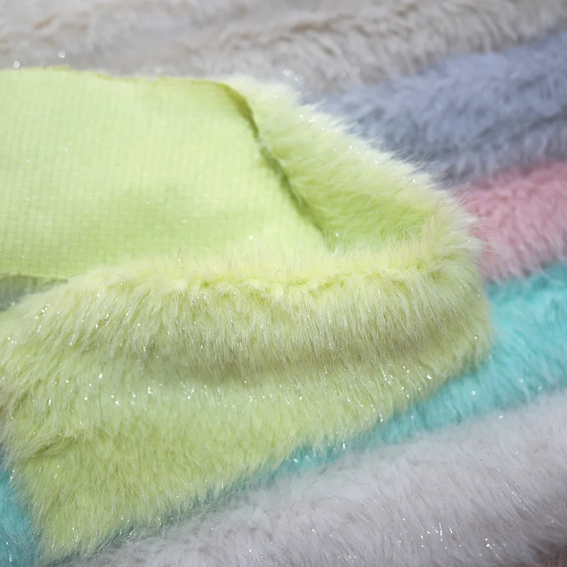 470g Customized Rainbow Color Long Pile Hair Faux Fox Fur Fabric with Silver Wire for Blanket Carpet