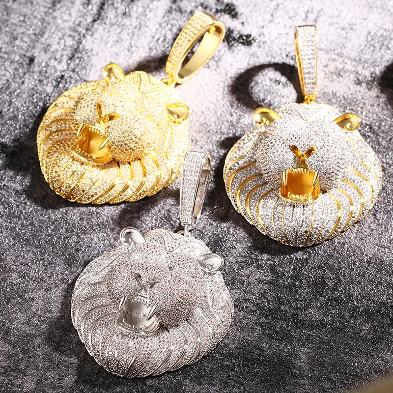 High Quality Two-Color Hip Hop Jewelry Iced Out Cuban Necklace Micro Pave Cubic Zirconia Gold Plated Lion Head Pendant