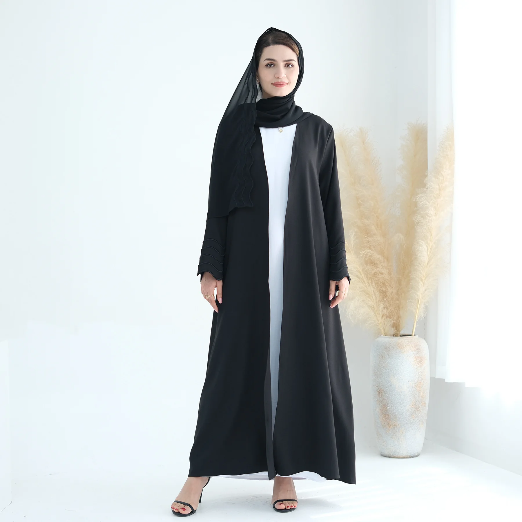 New Ladies Solid Color Black Open Abaya Set Long Sleeve Wedding Dress with Dubai Embroidery Designs Modest Style
