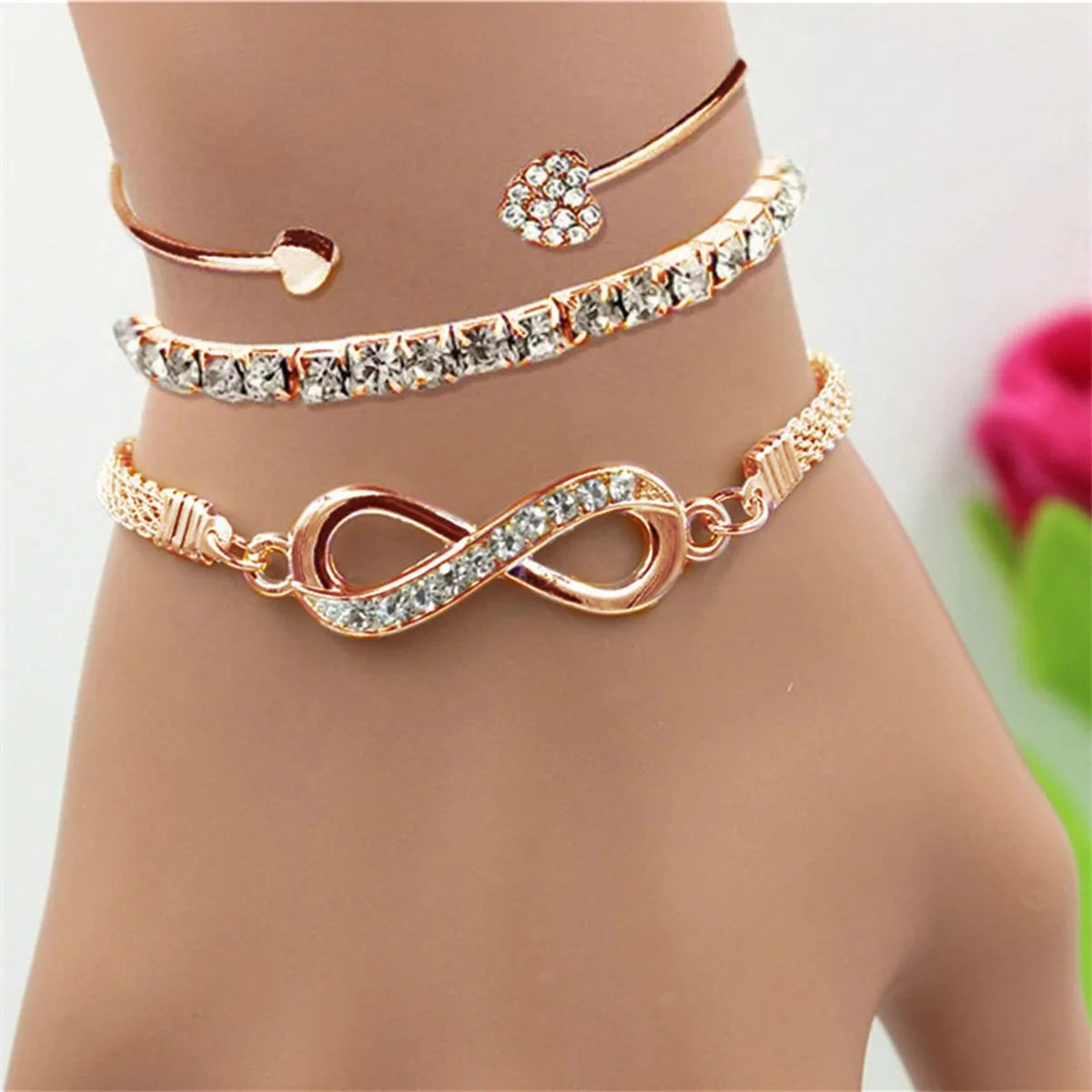Fashion women silver gold diamond Love number 8 bracelet bangle set for women wholesale