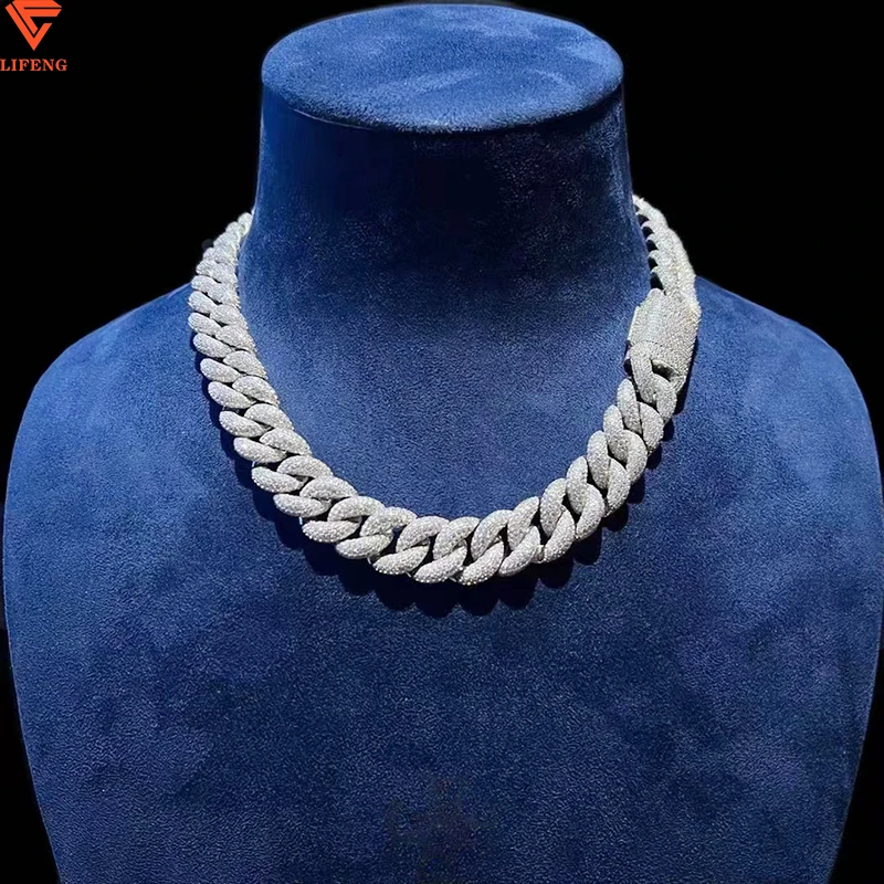 18MM 925 Sterling Silver Miami Cuban Necklace Iced Out Hiphop Moissanite Diamond White Gold Color Cuban Link Chain Necklace
