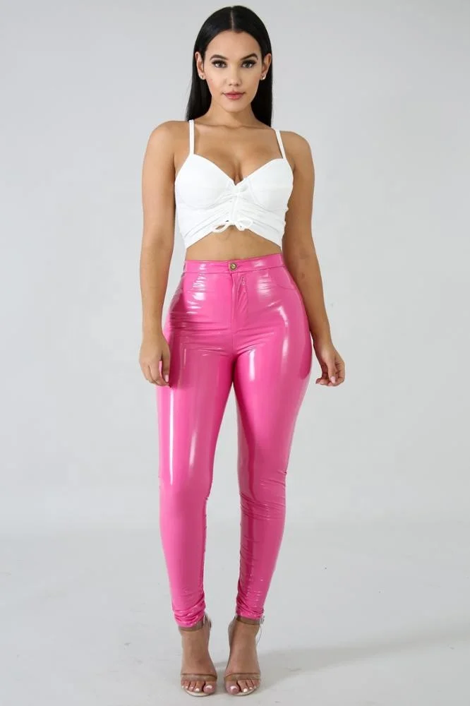 2019 New Arrivals Fashion Women Plus Size Mid Waist Solid Color Skinny PU Leather Pants