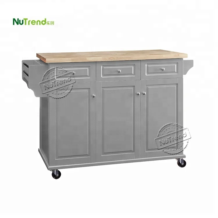 Rubber Wood Top Big Rolling Organizer Cart  3 Doors 3 Drawers Classical Kitchen Islands Movable Storage Cabinet on Wheels