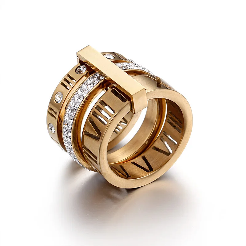 Wholesale personalized fashion 18k gold plated stainless steel stackable diamond roman numerals ring