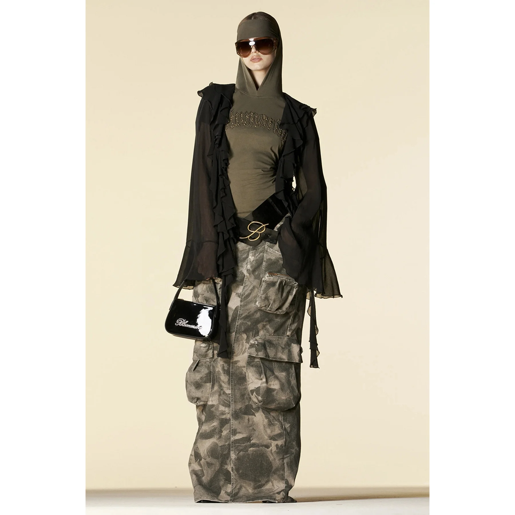 OUDINA Fashionable New Trendy Multiple Pockets Long Jeans Skirt Camo Cargo Women Camouflage Denim Skirt