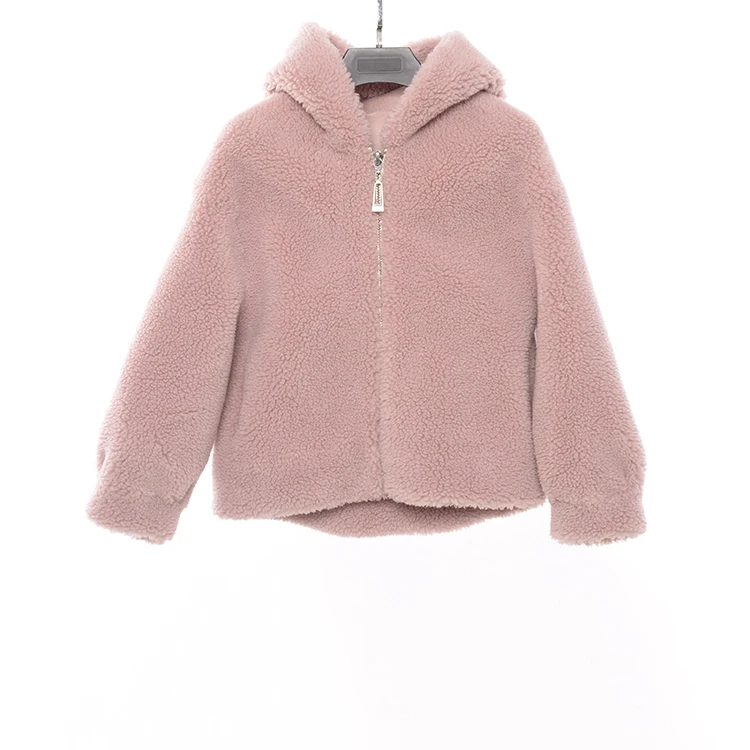 Wholesale 100% Polyester Pink Cropped Jacket Warm Hood Winter Faux Fur Coat With Zipper