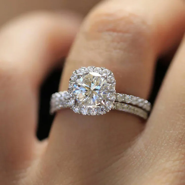 Silver Color CZ Rings 2pcs Set Simple Zircon Engagement Ring Jewelry Design Square Wedding Alloy Engagement Rings for Women N/A
