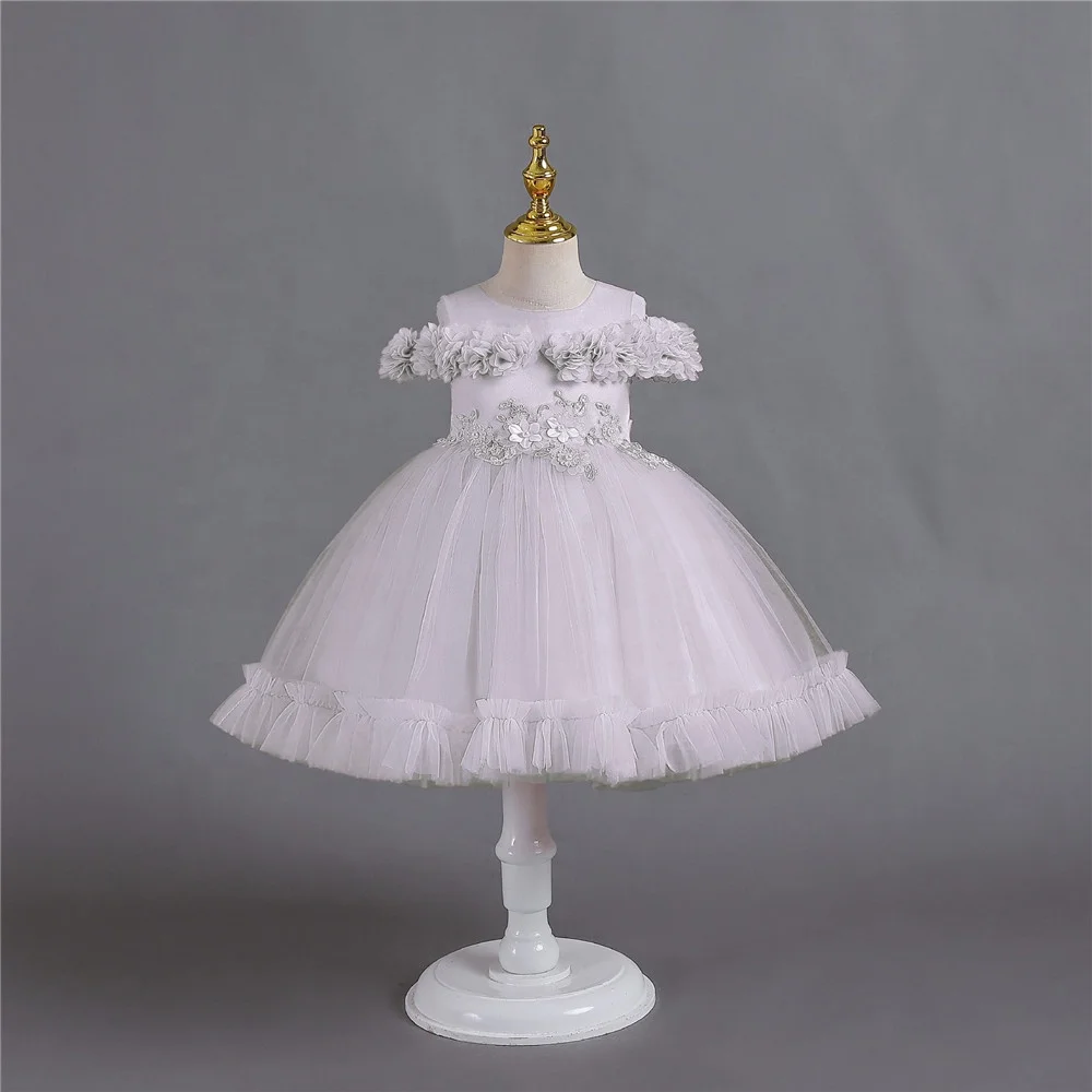 Summer Off Shoulder Flower Tulle Toddler Baby Girl Fancy Baptism Dress Lovely Girls First Year Birthday Party Wedding Dress