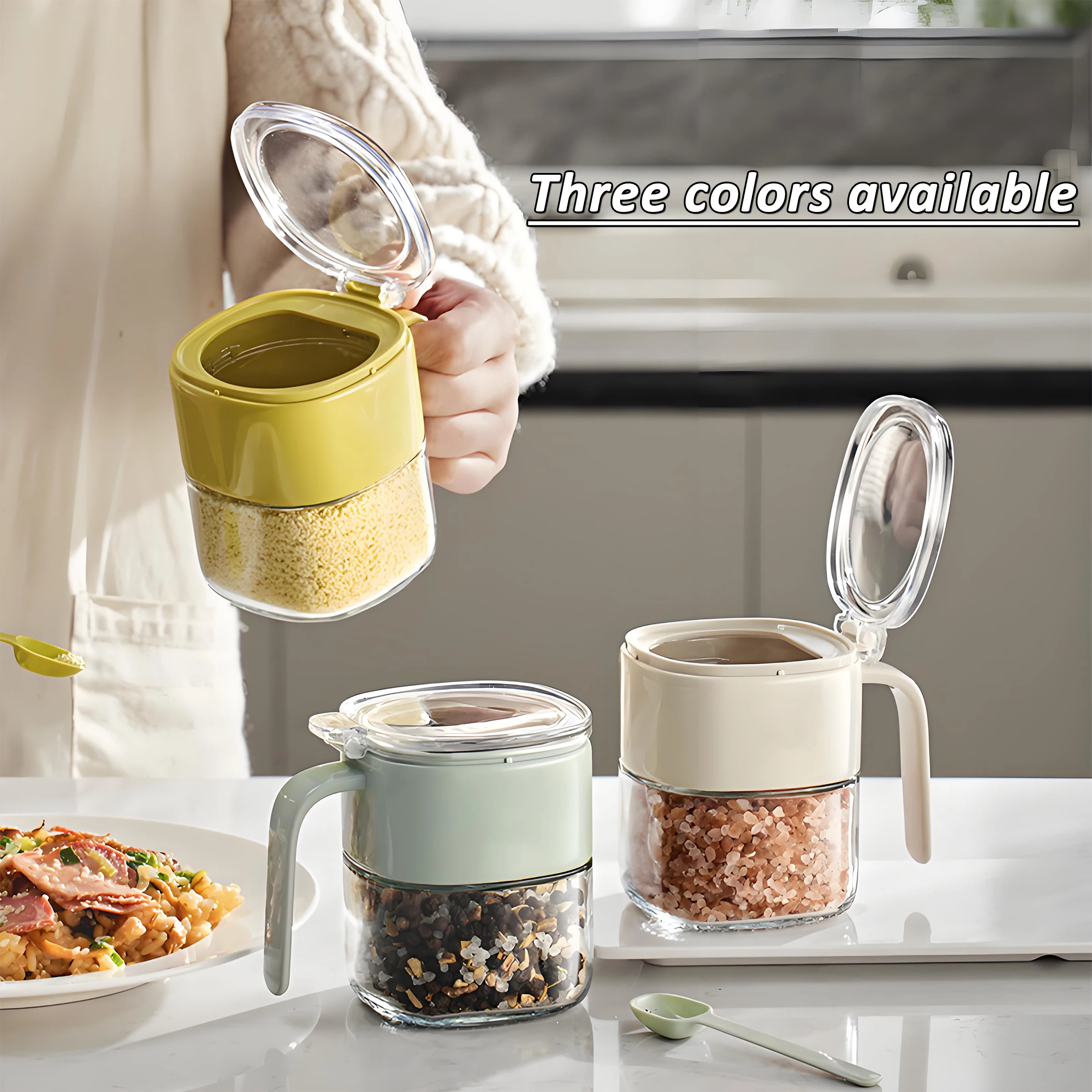 Hot Selling European Design Style Removable Plastic Glass Spice Container with Spoon for Salt Pepper Seasoning Sugar Storage