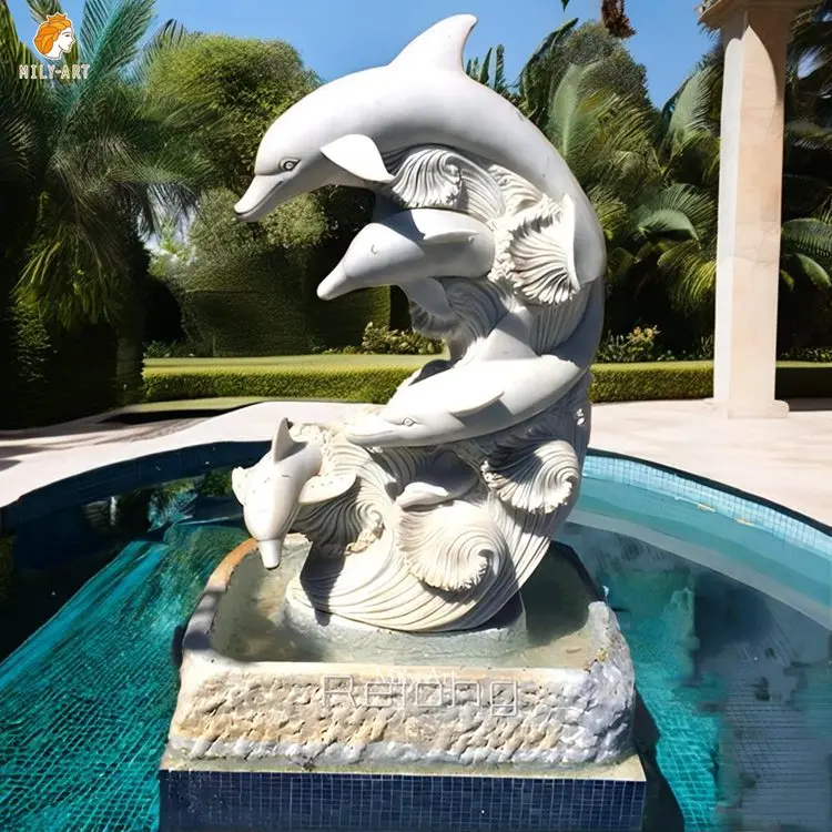 Hot Sale Custom Design White Marble Carving Dolphin Statues Sculpture  for Swimming Pool