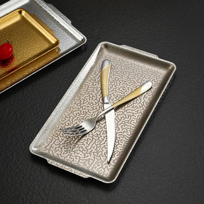 Factory Wholesale Stainless Steel Korean Rectangle Serving Tray Gold Reusable Flat Plate BBQ Hotel Decor