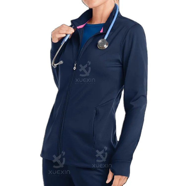 Fashion design collar scrub top front zipper scrub tops unifome mdico scrub suit jacket stretch
