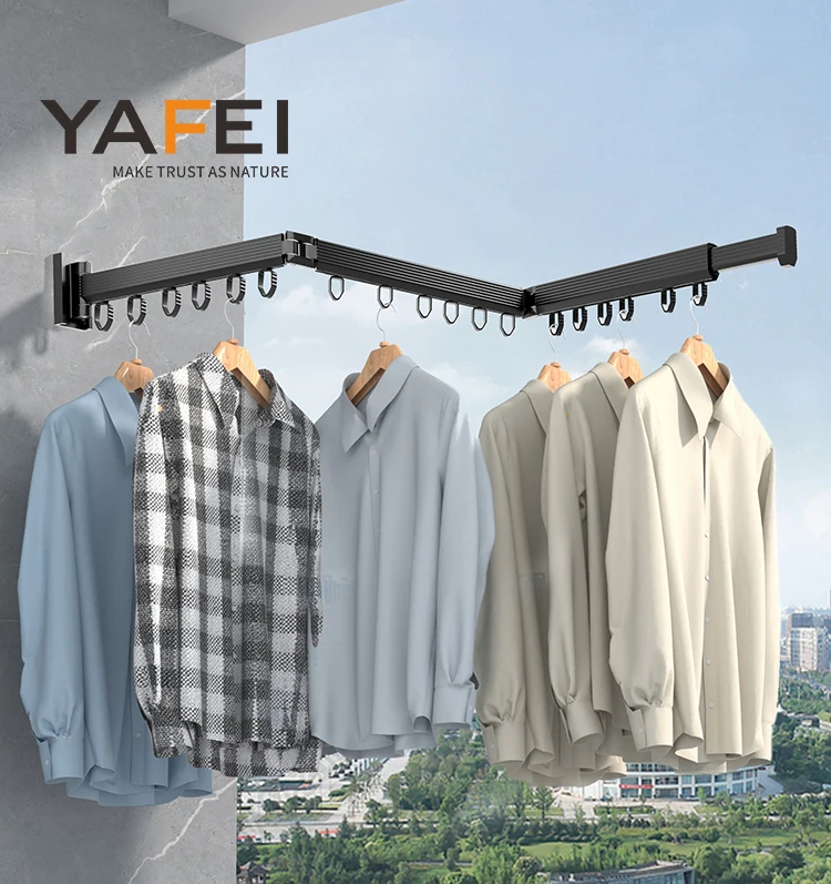 GG28 Aluminum Laundry Clothesline  Retractable Cloth Hook Drying Rack Folding Wall Mounted Clothes drying Rack Set