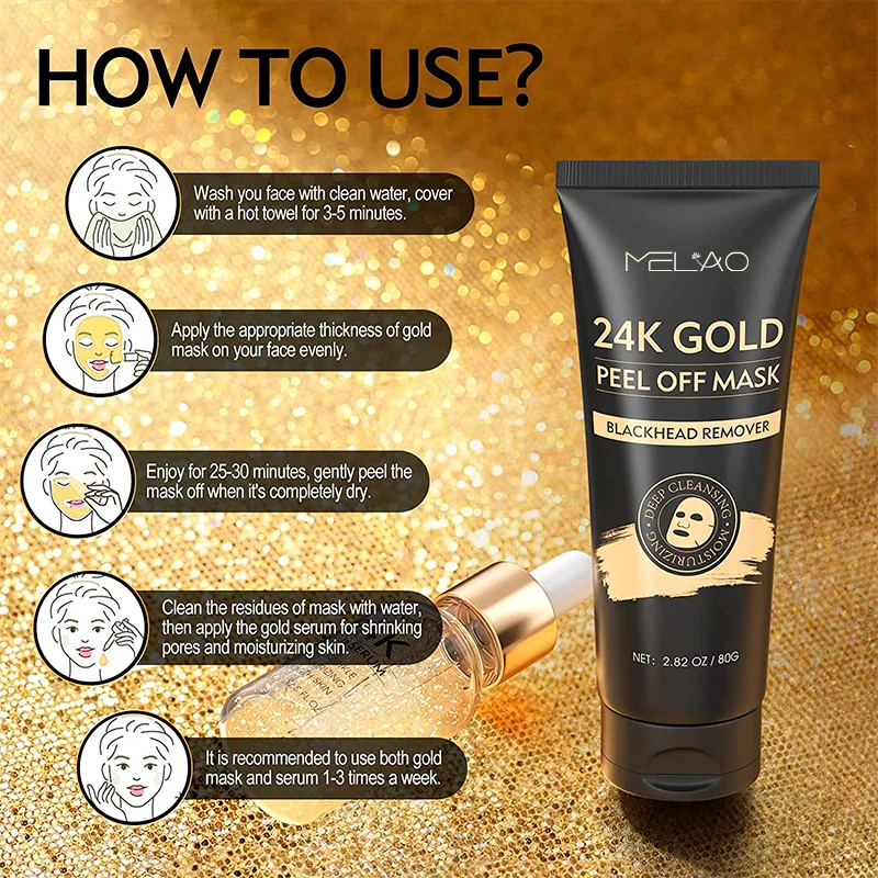 24K Gold Deep Cleansing Diets Pores Oily Peeling Mask Blackhead Remover Peel Off Face Mask with Brush Serum