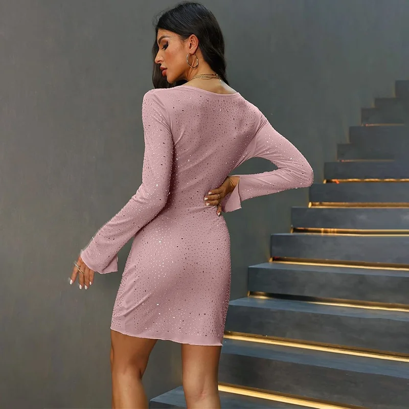 Womens Rhinestone Evening Dresses Sexy Diamond Club Outfits Sheer Mesh Long Sleeve Gown Sequin Dress