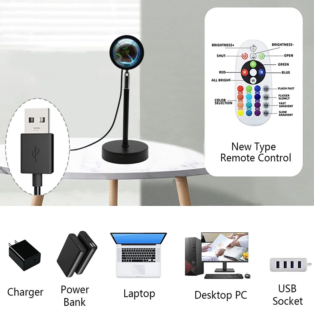 Home Decoration Sunset Projector Lamp 16 Colors App and IR Control HD Crystal Lens LED Sunset Lamp