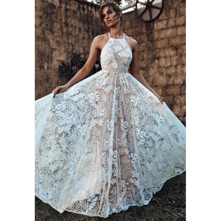 Wholesale Cheap Casual Backless Halter Maxi White Evening Dress Long One Piece Lace Party Elegant Dresses For Wedding