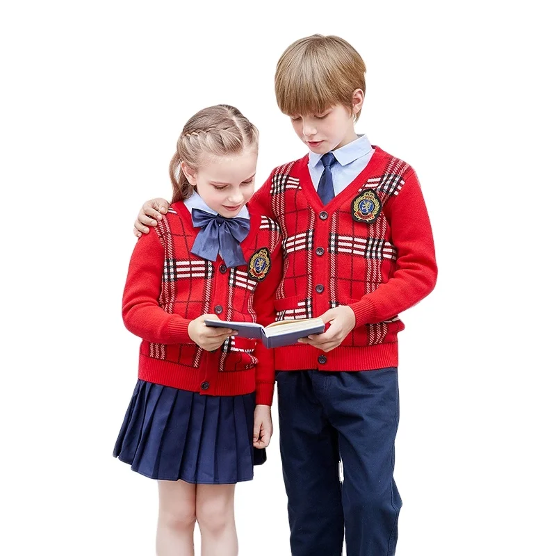 Factory Hot Selling Primary And Secondary School Students Long Sleeve Knitting British Style School Uniform Set 3 Pieces Oem